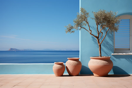 Olive tree and terracotta pots on terrace with sea viewの素材