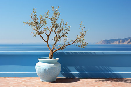 Olive tree in ceramic vase on terrace with sea viewの素材