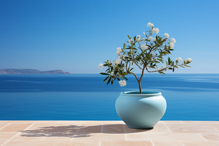 White flowers in a blue ceramic vase on the background of the seaの素材