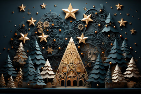 Christmas background with Christmas tree, stars and snowflakes. 3D illustration.の素材