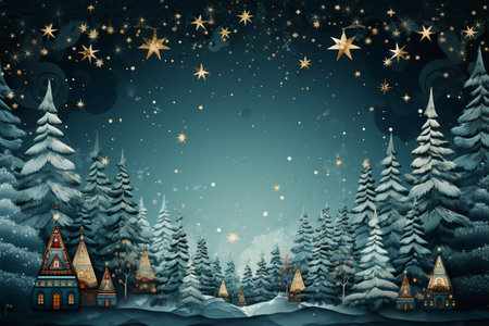 Winter forest with houses and snowflakes. Christmas background. Vector illustration.の素材