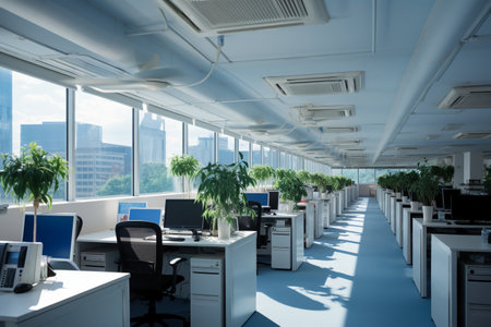 Interior of a modern office with white walls, blue floor and rows of computer tables.の素材