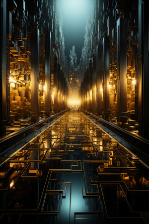 3d illustration of a futuristic corridor with glowing lights in the cityの素材