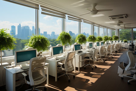 Modern office interior with panoramic city view. 3D Renderingの素材