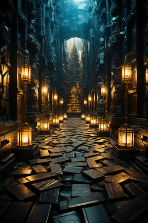 Mysterious dark corridor in the Buddhist temple. 3D renderingの素材