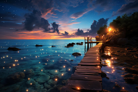 Beautiful seascape at sunset. Wooden pier at the sea.の素材