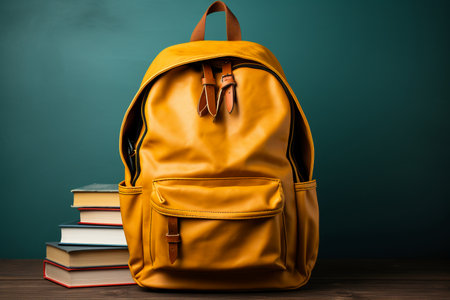 School backpack with books on wooden table. Back to school concept.の素材