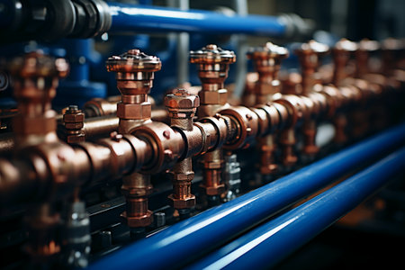 Pipes and valves on the production line. Production of oil and gas.の素材