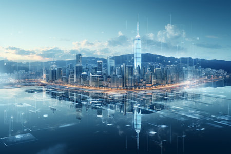 Cityscape with skyscrapers on the background. 3d renderingの素材