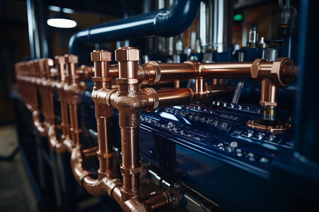 Pipes and valves of a modern beer factory. Industrial background.の素材