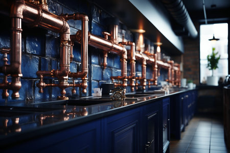 Modern bar interior with blue brick wall and wooden countertop. Toned image.の素材