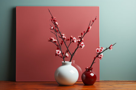 Blooming branch of cherry in vase on wooden table against color wallの素材