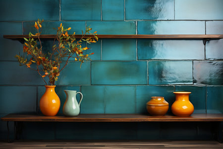 Vintage ceramic vases on wooden shelf against blue brick wall.の素材