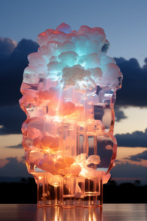 Ice cube with sunset sky background. 3d illustration. Creative concept.の素材