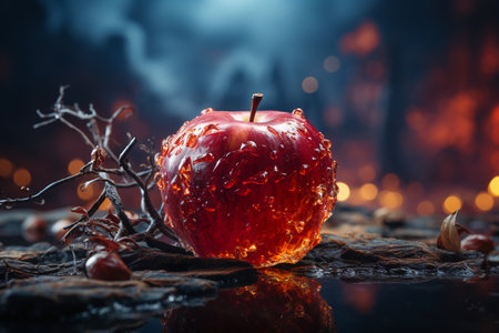 Red apple on a black background with a burning fire in the backgroundの素材