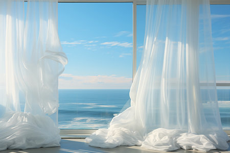 White curtains on the windowsill with sea view background. 3d renderingの素材