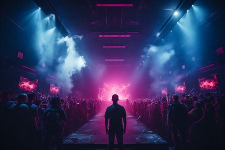 Silhouette of a man standing in front of a crowd at a concertの素材