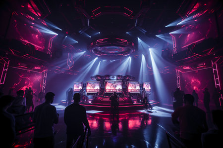 Crowd of people watching a live concert in a nightclub at nightの素材