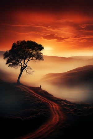 Beautiful landscape with lonely tree in the middle of the road.の素材