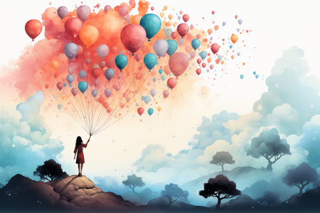 Silhouette of young woman with colorful balloons on background of nature landscapeの素材
