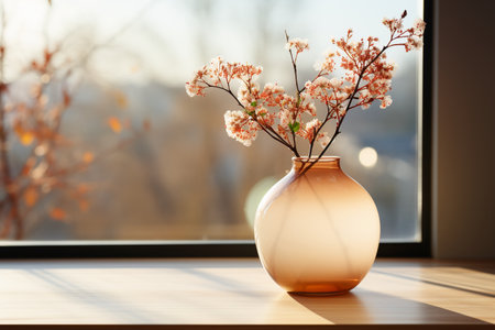 Vase with beautiful blossoming branches on windowsill, closeupの素材