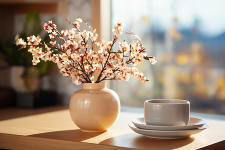 Cup of coffee and beautiful blossoming branches on table in roomの素材