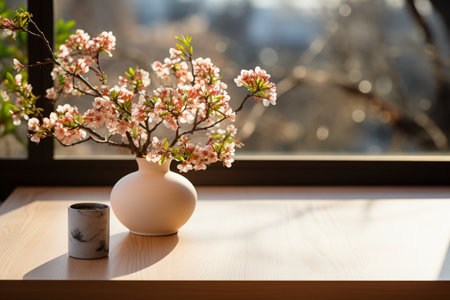 Vase with cherry blossom flowers on the windowsill. Spring conceptの素材