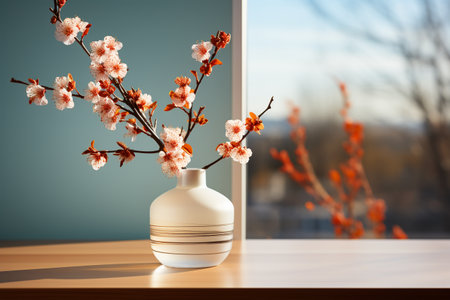 White vase with cherry blossom branches on wooden table in front of windowの素材