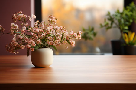 Flowers in a vase on a wooden table in front of a windowの素材