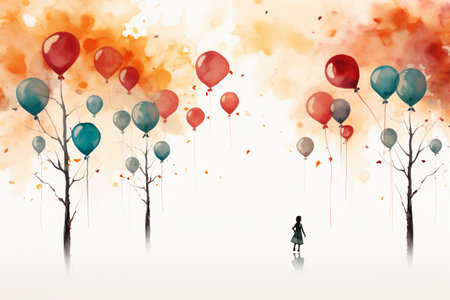 Girl with balloons on the watercolor background. Watercolor illustration.の素材