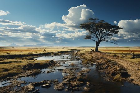 African landscape with acacia tree and water stream. Kenya, Africaの素材