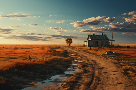 Old abandoned house in the prairie at sunset. Retro style.の素材