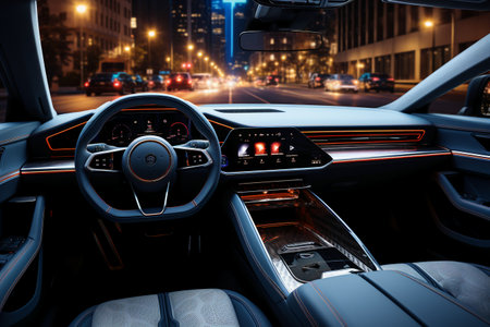 Modern car interior. Steering wheel and dashboard. 3d renderingの素材