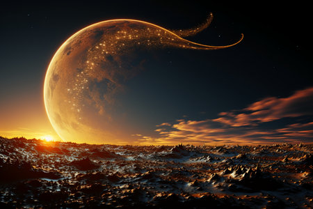Fantasy landscape with planet and moon. 3d render illustration.の素材