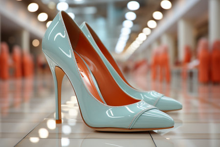 High heel shoes in fashion store, closeup. Shopping mall interiorの素材