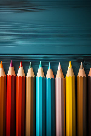 Color pencils on blue wooden background. Back to school concept.の素材