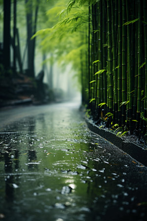 Bamboo forest in the morning, closeup of wet asphalt roadの素材
