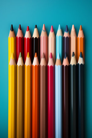 Colored pencils on blue background, close-up, top viewの素材