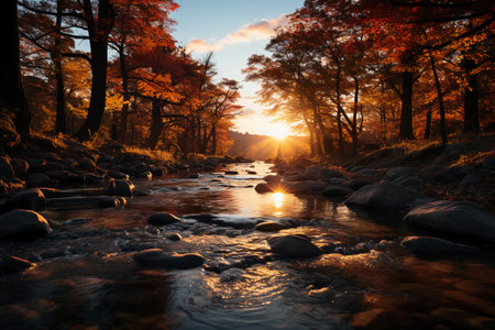 Autumn forest and river at sunset. Beautiful landscape with autumn forest and riverの素材