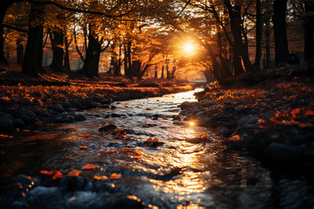 Sunset in the autumn forest with a small stream and stones.の素材