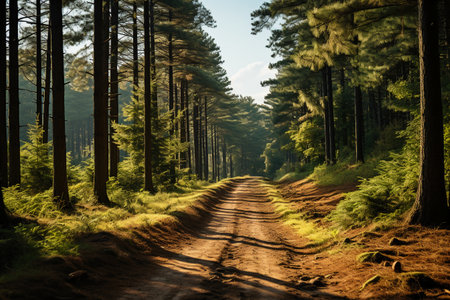 Dirt road through the pine forest in the morning light. Toned.の素材