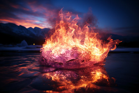 Burning ice floe on frozen lake in winter at sunset.の素材