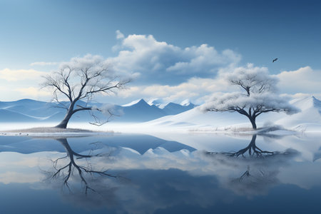 Winter landscape with lake, trees and mountains under the blue sky.の素材