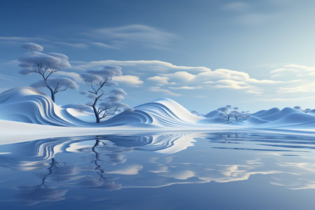 Winter landscape with trees and clouds reflected in the water, 3d renderの素材