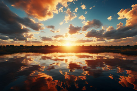 Sunset over the lake with clouds reflected in water. Nature composition.の素材