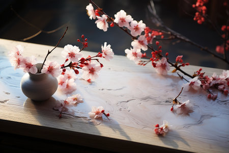 Cherry blossoms in vase on wooden table, closeupの素材