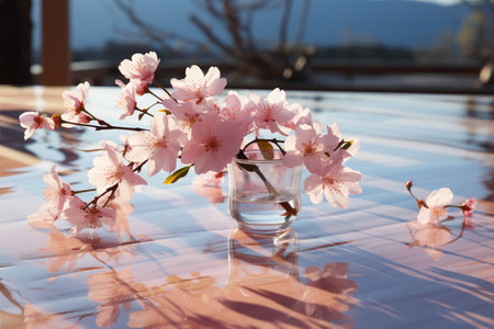 Cherry blossoms in vase on glass table in cafe.の素材