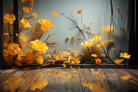 abstract scene with yellow flowers on wooden floor, 3d renderの素材
