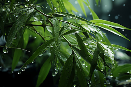 Water droplets on the green leaves. Shallow depth of field.の素材