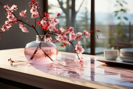 Vase with beautiful blooming sakura branches on table in cafeの素材